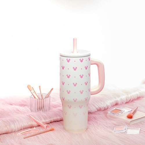 Zak Designs Disney Sutton Travel Tumbler for On the Go or At Home, 40oz Stainless Steel with Vacuum Insulation, Silicone Straw, Carry Handle, and 3D Artwork for Cold Drinks (Minnie Mouse)