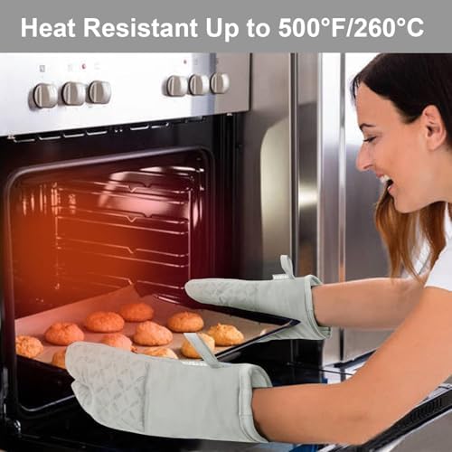 KEGOUU Oven Mitts and Pot Holders 6pcs Set, Kitchen Oven Glove High Heat Resistant 500 Degree Extra Long Oven Mitts and Potholder with Non-Slip Silicone Surface for Cooking （Greenish Gary）