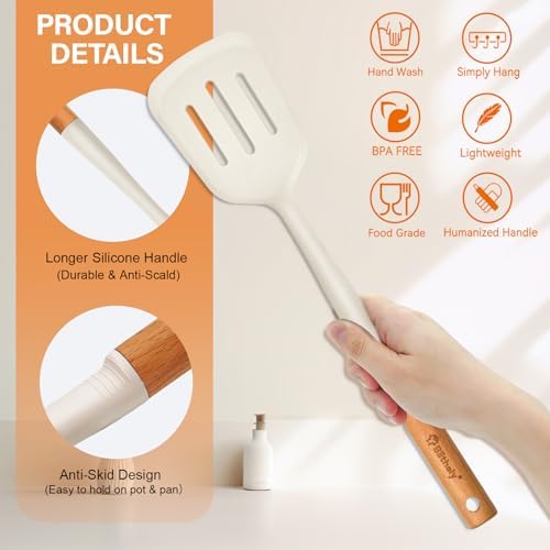 Large Silicone Cooking Utensils Set, 10Pcs Nonstick Kitchen Utensil Set with Wooden Handle, Heat Resistant Silicone Utensils for Cooking, BPA Free Set with Turners Spoon Ladle Skimmer(Cream White)