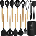 oannao Silicone Cooking Utensils Set Utensil Sets - 446°F Heat Resistant Silicone Kitchen Utensils Set Wooden Handles, Silicone Utensils for Cooking w Holder for Non-Stick Cookware BPA FREE (Black)