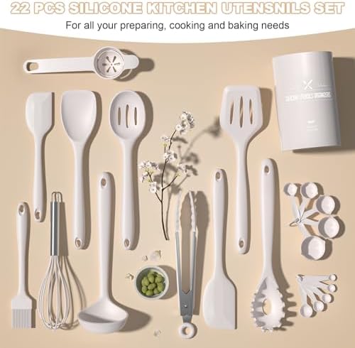 Kitchen Utensils Set, Umite Chef 22Pcs Silicone Cooking Utensils Set, Heat Resistant Silicone Kitchen Spatulas Set with Holder, White Cooking Gadgets Tools Set for Nonstick Cookware, Dishwasher Safe