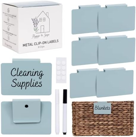 Hygge & Sage: Metal Bin Labels for Home Organization | Non-Slip Basket Clips for Storage Bins, Baskets, or Wire Racks | Includes 8 Labels, 8 Non-Slip Pads, and 2 Free Markers (Blue)