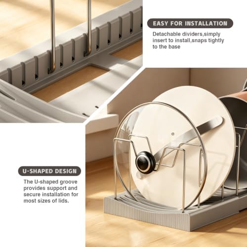 Magheo Pots and Pans Organizer Under Cabinet, Expandable 12.6"-22.8" Kitchen Cabinet Organizer Holder with 10 Adjustable Dividers for Food Storage Container Lid, Cookie Sheet, Cookware(1 Pack, Gray)