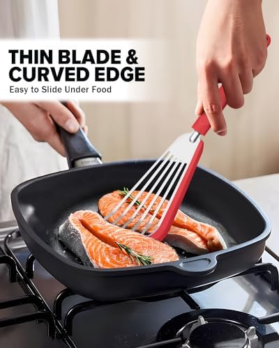 Fish Spatula Turner,Thin Slotted,Stainless Steel With Silicone Edge,2 Pack