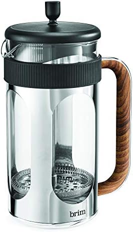 brim 8 Cup French Press, Quickly Brew Coffee in Under 5 Minutes, Classic Design with Modern Twist, Dishwasher Safe Carafe for Easy Cleaning, Replacement Filter Included, Stainless Steel/Wood