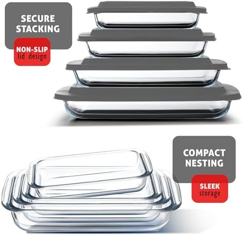 EATEX 8-Piece Deep Glass Casserole Dishes for Oven with Plastic lids, Rectangular Glass Baking Dish Set, Baking Pans for Lasagna, Leftovers, Cooking, Kitchen, Freezer-to-Oven and Dishwasher, Gray