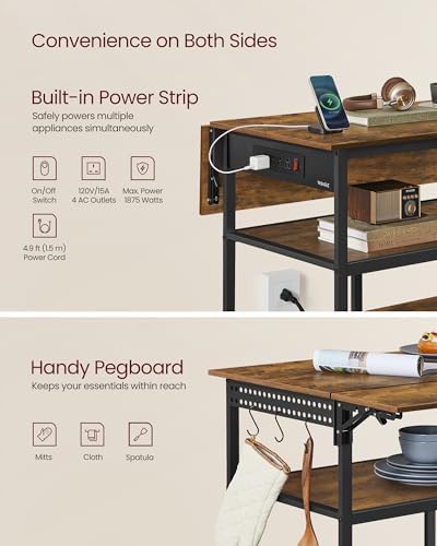 VASAGLE Kitchen Island with Drop Leaf, Power Strip, Pegboard, 47.2" Width