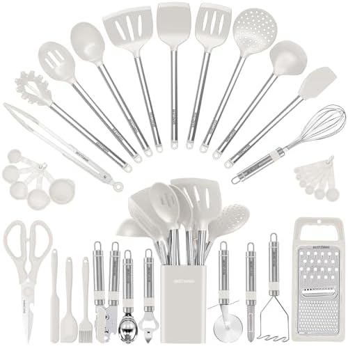 Kitchen Utensil Set-Silicone Cooking Utensils-33 Kitchen Gadgets & Spoons for Nonstick Cookware-Silicone and Stainless Steel Spatula Set-Best Kitchen Tools, Useful Pots (Cream White)