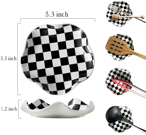Miamolo Spoon Rest for Stove Top, 5.3in Checkered Spoon Holder Utensil Rest, Ceramic Spoon Rests for Coffee Bar, Kitchen Gadget Cooking Gift for Housewarming - Heat Resistant & Dishwasher Safe