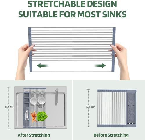 BBXTYLY Expandable Roll Up Dish Drying Rack,Over The Sink Drying Rack Sink Kitchen Accessories Rolling up Stainless Steel Drainer, Foldable with Removable Utensil Holder(Gray)
