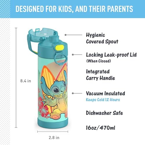 THERMOS FUNTAINER 16 Ounce Stainless Steel Vacuum Insulated Bottle with Wide Spout Lid, Stitch (Pack of 6)