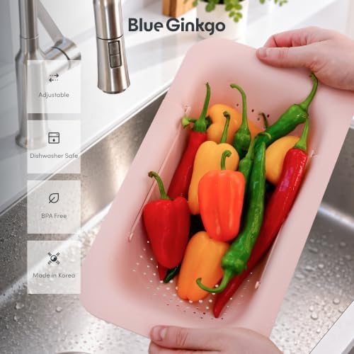 Blue Ginkgo Over Sink Colander, Extendable Kitchen Strainer, 2-Pack, Pink
