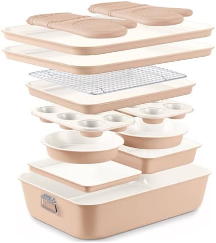 Country Kitchen Nonstick Stackable Bakeware Set - Deluxe Heavy Duty, Durable, Easy Release Baking Set, Taupe, 13 Pcs with Handles