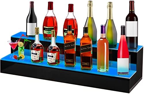 VEVOR LED Lighted Liquor Bottle Display Shelf, 2 Step 40 inch LED Home Bar Shelves, Acrylic Lighted Illuminated Display Rack with RF Remote & App Control 7 Static Colors 1-4 H Timing for 20 Bottles