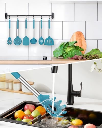 Silicone Kitchen Utensils Set, 8Pcs Cooking Utensils with Holder, Blue