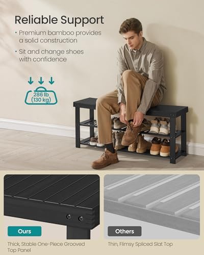 SONGMICS Shoe Rack Bench, 3-Tier Bamboo Entryway Bench, 43 Inches Width