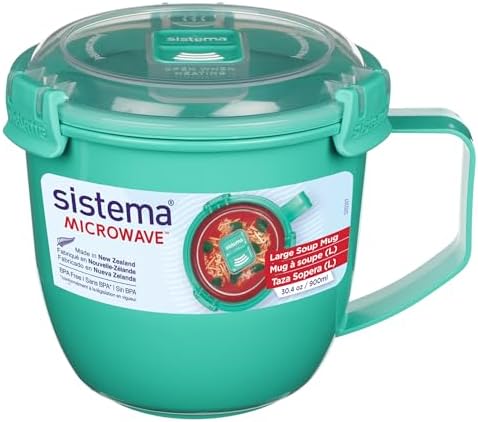 Sistema Microwaveable 900mL Soup Mug, Large Microwave Food Container with Steam-Release Vent, Dishwasher & Freezer-Safe, BPA-Free, Color May Vary