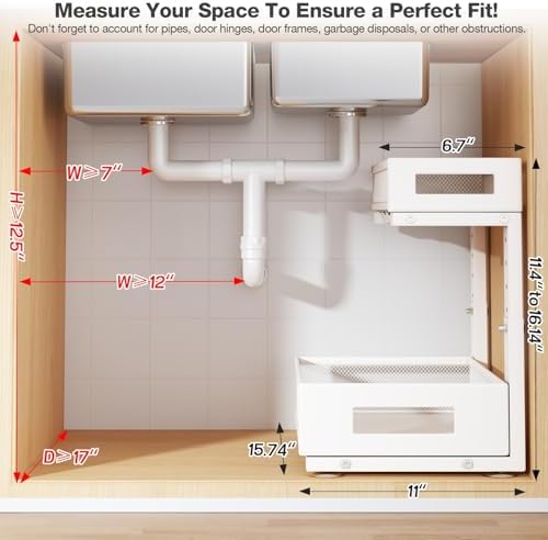 2-Pack Under Sink Storage Organizer, Large 2-Tier Elegant Mesh Pull Out Shelf for Kitchen and Bathroom Cabinet Organization, L-Shaped and Adjustable Height Design for Maximum Space Efficiency-White