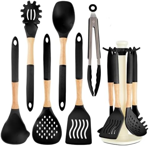 Kitchen Utensils Set - 7 PCS Non-Stick Silicone Cooking Utensils Set Spatula Set with Holder, Wooden Handle Spoon,Tongs,Whisk Kitchen Gadgets Tools Set for Nonstick Cookware (Black-7Max)