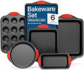 BAKKENMASTER Baking Set – 6 Piece Kitchen Oven Bakeware Set – Deluxe Non-Stick Black Coating Inside and Outside – Carbon Steel – Red Silicone Handles – PFOA PFOS and PTFE Free by Bakken