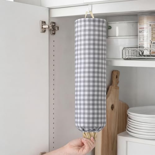 Gingham Plastic Bag Holder for Grocery Bag, Gray