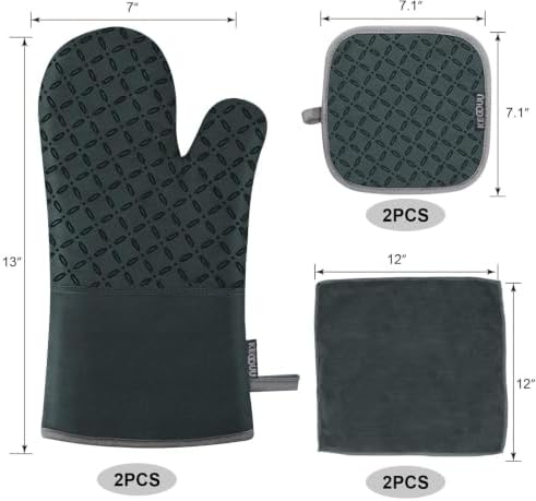 KEGOUU Oven Mitts and Pot Holders 6pcs Set, Kitchen Oven Glove High Heat Resistant 500 Degree Extra Long Oven Mitts and Potholder with Non-Slip Silicone Surface for Cooking (Deep Green)