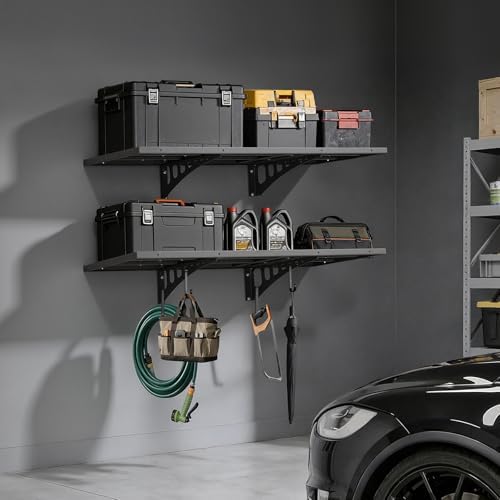 VEVOR 2-Tier Heavy Duty Wall Garage Shelving, 1.64 x 4 ft Steel Wall Mounted Shelving Unit, 19.68 x 48 Inch Per Shelf Floating Storage Metal Rack for Garage with 560 lbs Total Weight Capacity, Black