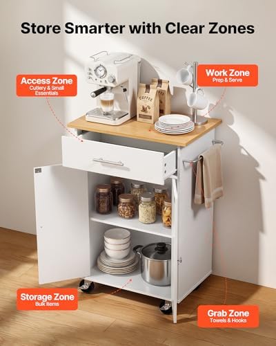 VEVOR Kitchen Island Cart with Storage, 24.84 in Wide Mobile Rolling Storage Island on Swivel Wheels, with Drawer, Storage Cabinet, Towel Rack, Hooks, Table for Home Dining Room, White