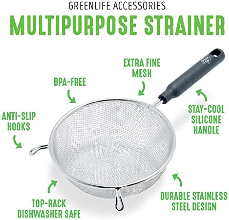 GreenLife Cooking Tools and Utensils, 4 Piece Extra Fine Stainless Steel Mesh Strainer Kitchen Set, Stay Cool Handles, Dishwasher Safe, BPA-Free, Grey