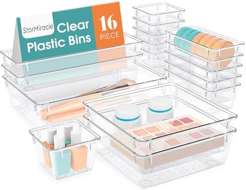 16 PCS Drawer Organizer Set, 5 Size Bathroom and kitchen organizer Trays