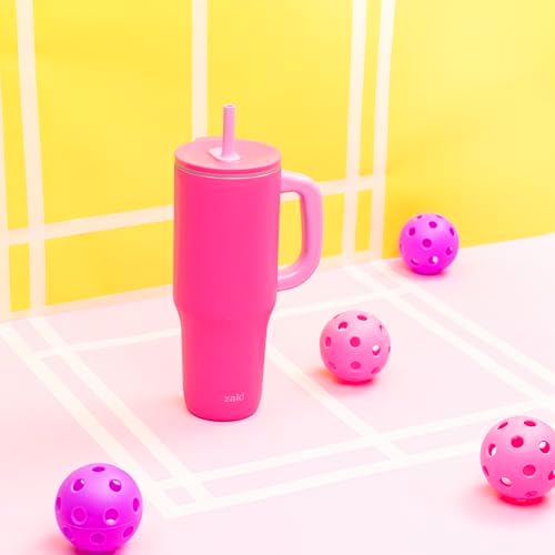 Zak Designs Sutton Travel Tumbler for On the Go, 40oz Stainless Steel with Vacuum Insulation, Silicone Straw, and Carry Handle for Cold Drinks (Razzberry Pink)