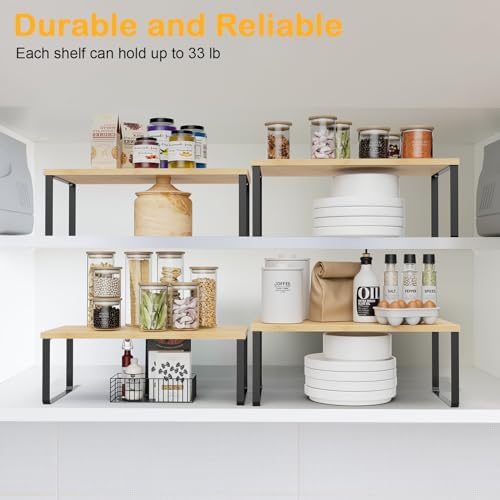 OGEMXU Cabinet Shelf Organizers, 15.7 inches Large Kitchen Counter Shelf, Set of 4 Wood Kitchen Pantry Organizer, Storage Shelves for Countertop, Spice Rack, Stackable, Expandable, Metal Black, Nature