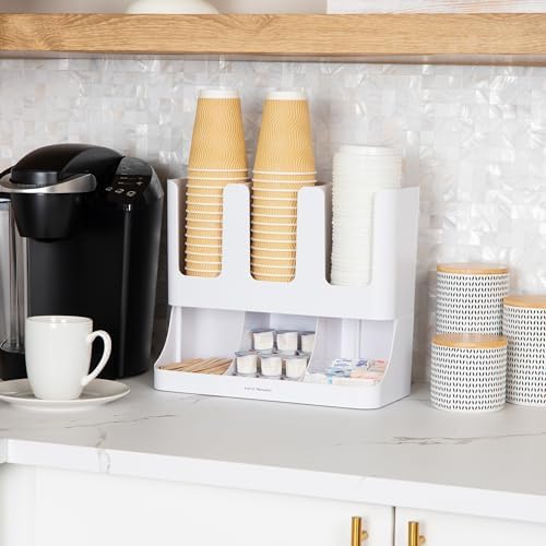 Mind Reader Cup and Condiment Station, 13 Inch Countertop Coffee Bar Organizer with 6 Compartments, Storage Caddy for Cups, Lids and Packets, Plastic, White 13" L x 6.4" W x 11.5" H (Pack of 4)