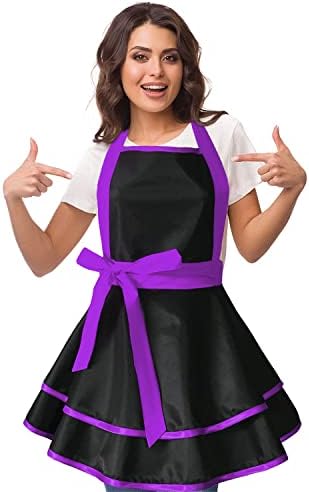 Violet Mist Cute Lovely Retro Aprons for Women Girls Lady Sexy Vintage Aprons Black Purple Vintage 50s Apron Halloween Christmas Apron Cooking Kitchen Ruffle Apron for Housewife Waitress Mother's Gift