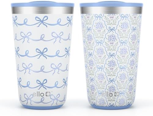 Ello 16oz Stainless Steel Stacking Cups with Lids, 2 Pack, Bows & Flowers