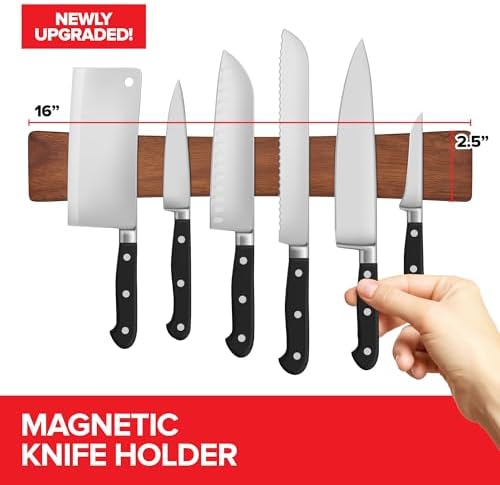 16 Inch Acacia Wood Magnetic Knife Holder with Multipurpose Use, Magnetic Knife Holders for Kitchen, Wooden Knife Rack, Magnet Strips for Knives & Metal Utensils, Tool Holder, Art Supply Organizer