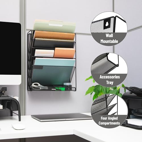 Mind Reader 5-Pocket Vertical File Storage, Desktop Organizer, Wall Mount, Office, Metal Mesh, Black