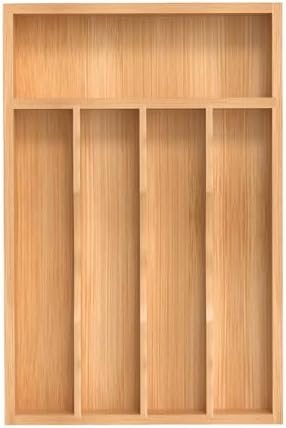 Silverware Organizer, Bamboo Kitchen Drawer Organizer, Utensil Holder, Cutlery Tray & Spoon Flatware Storage with Grooved Drawer Dividers (8.5''W x 13''D)