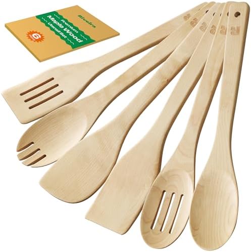 Riveira Maple Wooden Spoons for Cooking Set of 6 – Natural Maple Wooden Cooking Utensils, Wooden Spatula, Wooden Spoon - Premium Quality Utensil Set for Non-Toxic Cooking