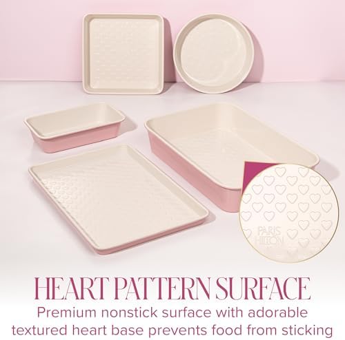 Paris Hilton 5-Piece Baking Pans Set, Nonstick Heart Pattern Bakeware Set with Heavy Duty Carbon Steel, Includes Square Pan, Round Pan, Loaf Pan, Roasting Pan & Cookie Sheet, 5-Piece, Pink