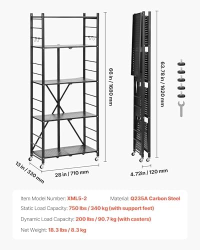 VEVOR 5-Tier Foldable Storage Shelf, 28W x 13D x 66H Inch Folding Metal Rack Shelving Unit, No Assembly Organizer Shelf with 5 Wheels & 4 Hooks for Pantry, Kitchen, Garage, Basement, Black