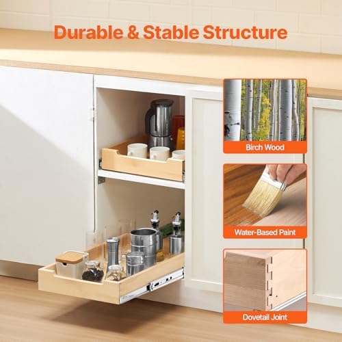 VEVOR Pull Out Cabinet Organizer, 14"W x 21"D Cabinet Drawer, Soft Close Slide out Shelf, Heavy-Duty Sliding Wood Drawer, Bottom Mount Size（14.5"W x 23"D）and Side Mount Size（15"W x 23"D）