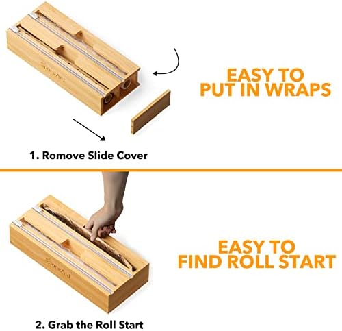 SpaceAid WrapNeat 2 in 1 Wrap Organizer with Cutter and Labels, Plastic Wrap, Aluminum Foil and Wax Bamboo Dispenser for Kitchen Storage Organization Holder for 12" Roll (Natural, 2-Slot)