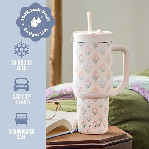 Ello Oasis 40oz Insulated Stainless Steel Tumbler with Straw, Flower Quilt