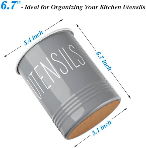 Bivvclaz Gray Kitchen Utensil Holder, 6.7" Utensil Holder for Counter, Cooking Utensil Crock with Cork Bottom, Modern Farmhouse Kitchen Decor, Countertop Utensil Storage Organizer Caddy