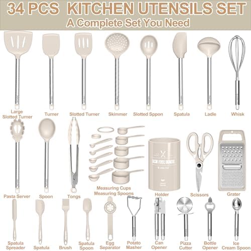Kitchen Utensils Set-Umite Chef 34 Pcs Silicone Cooking Utensils Set for Nonstick Cookware-Silicone Spatulas Set, Stainless Steel Handle-Khaki Kitchen Gadgets Tools, Pots and Pans Accessories