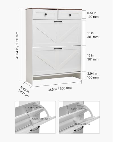 VEVOR Shoe Cabinet with 2 Flip Drawers, Farmhouse Shoes Storage Cabinet with 2 Drawers and Anti-Tipping Device, Freestanding Shoe Organizer Ideal for Entryway, Hallway, Bedroom, Living Room, White
