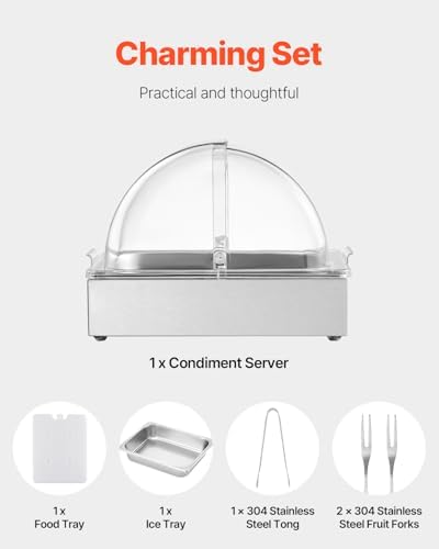 VEVOR Countertop Food Serving Display Container, 1 x 1/2 Pan Stainless Steel Food Serving Tray, Buffet Condiment Dispenser Display Rack with Clear Lid & Ice Tray, for Restaurant Hotel Kitchen Party