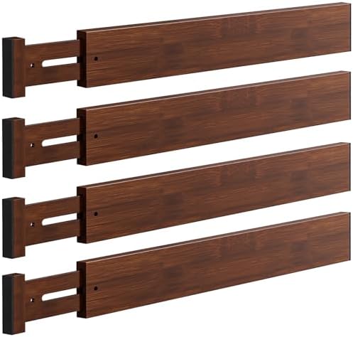4 Pack Bamboo Drawer Dividers 17-22" Adjustable Kitchen Organizer, Mocha