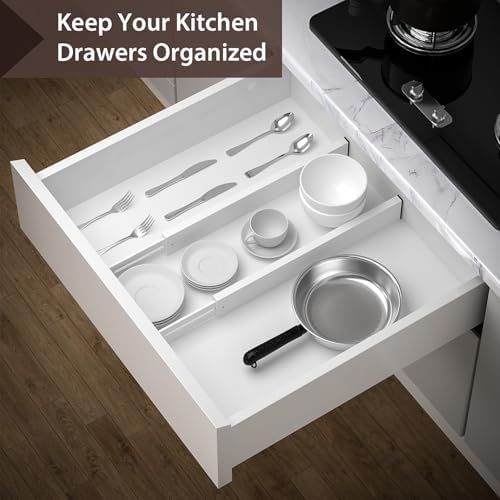 4 Pack Bamboo Drawer Dividers 17-22" Adjustable Kitchen Organizer, White